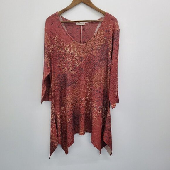Indigo Soul Womens Paisley Tunic Top Size L Gold Rust V-Neck Asymmetric Hem - Picture 3 of 16
